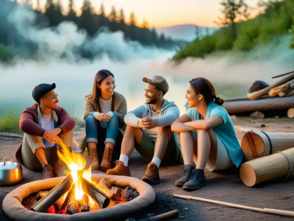 Divertida tarde de fogata y marshmallows con niños en el bosque Grupo de niños disfrutando de recetas de camping divertidas alrededor de la fogata en el bosque al atardecer