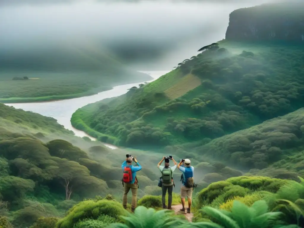 Explorando la naturaleza salvaje: Observadores de aves en Uruguay Un grupo de observadores de aves disfruta del senderismo entre exuberante naturaleza en Uruguay, cautivados por aves exóticas