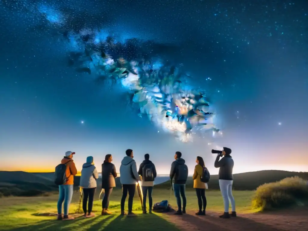 Conexión estelar: Observación de estrellas en Uruguay Un grupo de personas contemplando el cielo estrellado en un campamento secreto en Uruguay, observación astronómica en Uruguay