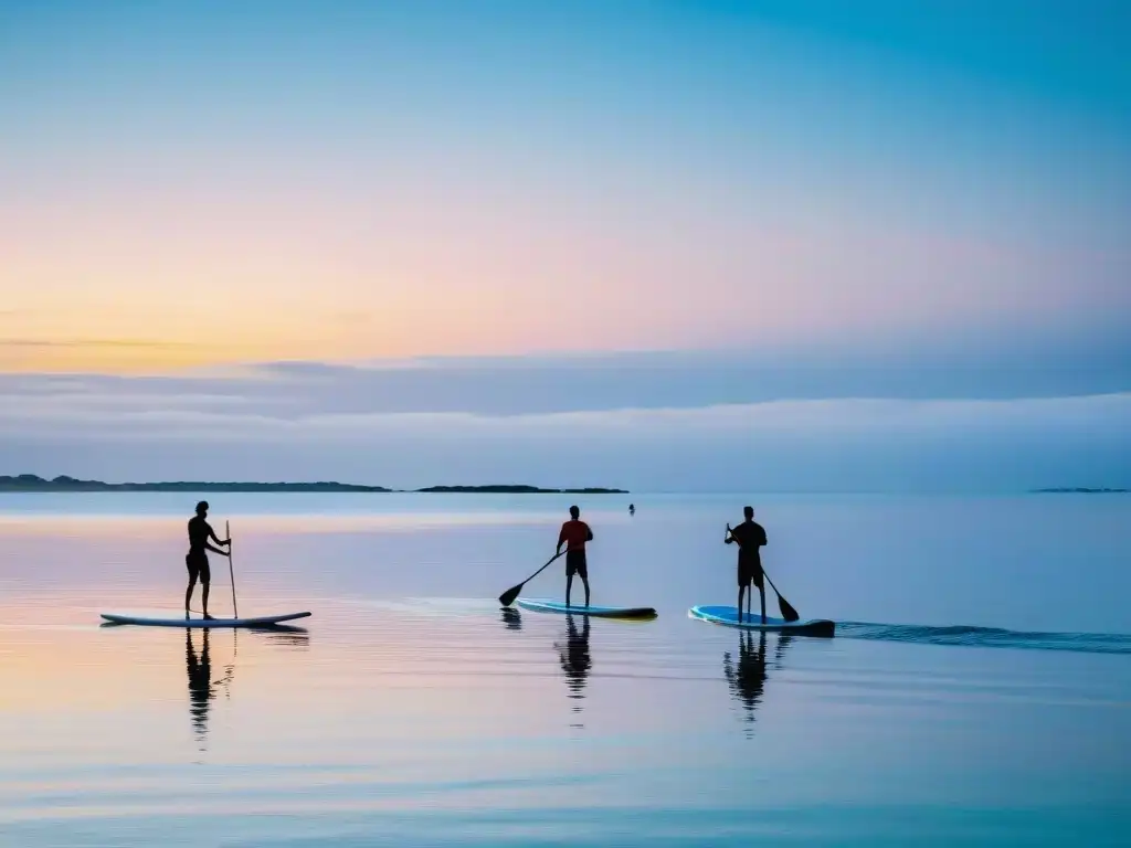 Paddleboarding al amanecer en la costa de Uruguay Grupo de personas practicando paddleboarding en Uruguay al amanecer, reflejando la serenidad del mar y el cielo pastel