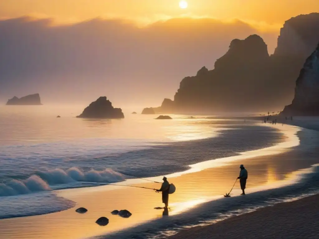 Pescadores de Rocha al amanecer: tradición y belleza marina Grupo de pescadores locales en una playa de Rocha al amanecer, recogiendo su red de pesca