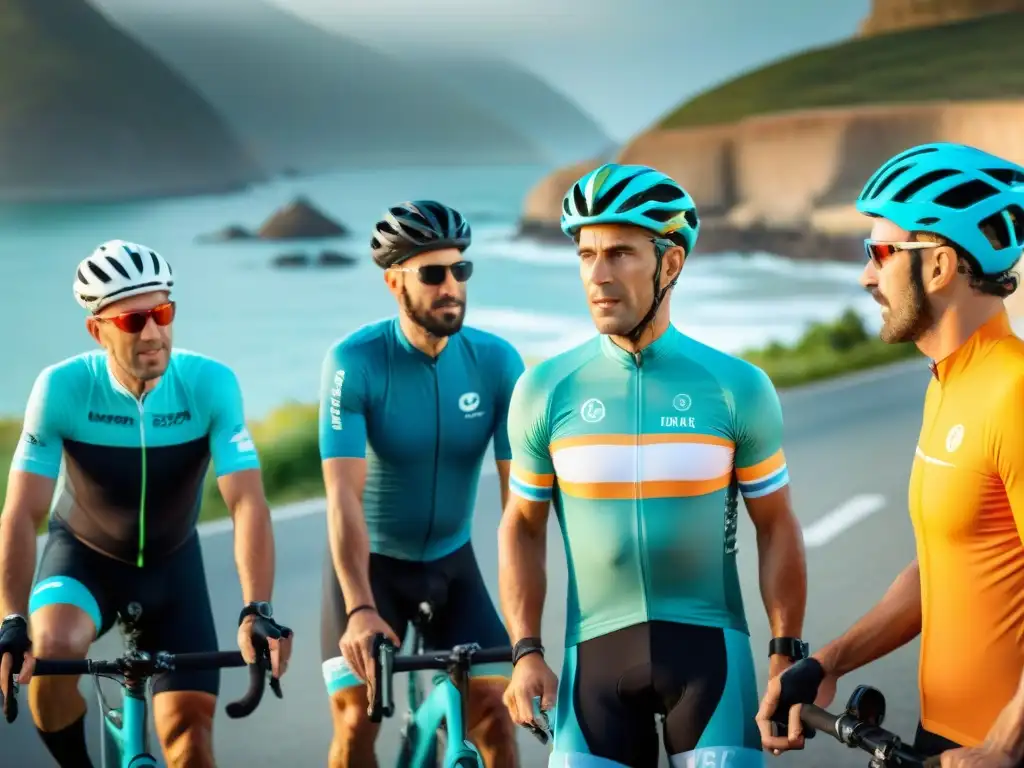 Entrenamiento de ciclismo en Uruguay: aprendizaje y superación Un grupo de principiantes ciclistas en Uruguay recibe consejos de un entrenador profesional en una ruta escénica junto al mar