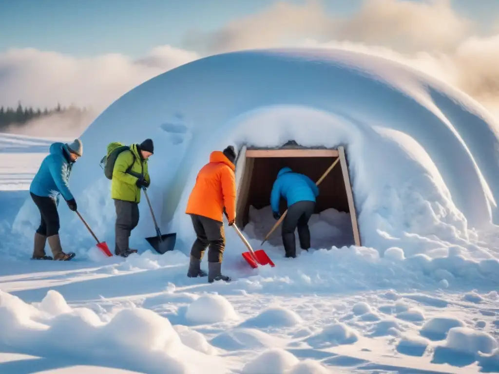 Construcción de refugio de nieve: trabajo en equipo en paisaje nevado Un grupo construye refugio de emergencia en nieve con determinación, rodeados de un paisaje vasto y nevado