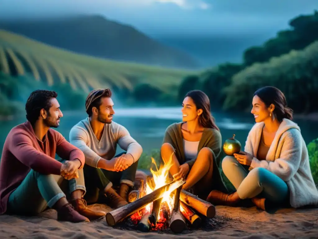 Ritual del mate bajo las estrellas en Uruguay Grupo disfruta de retiro sin tecnología en Uruguay, compartiendo mates alrededor de fogata bajo las estrellas