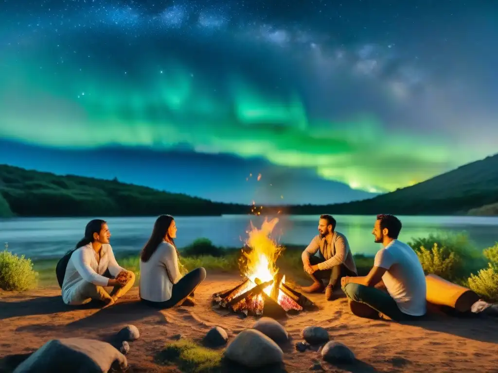 Magia nocturna alrededor de la fogata en el bosque de Uruguay Grupo disfruta de retiros camping naturaleza en Uruguay, alrededor de fogata en bosque verde