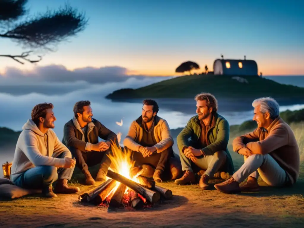 Encuentro alrededor del fogón: mate y conversación en Uruguay Grupo reunido alrededor de la fogata en Uruguay, con mates y cálida conversación
