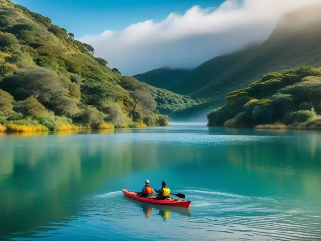 Kayakers en Laguna Garzón: aventura segura en la naturaleza Grupo de kayakers surcando serenas aguas de Laguna Garzón en Uruguay