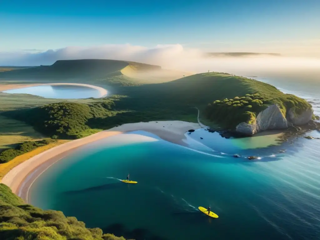 Exploración en Uruguay: Paddleboarding al atardecer Grupo en surf de remo en camping, costa serena de Uruguay al atardecer