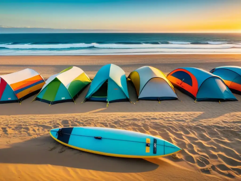 Surfistas al atardecer: campamento en la playa de Uruguay Un grupo de surfistas se prepara para surfear al atardecer en un campamento de playa en Uruguay