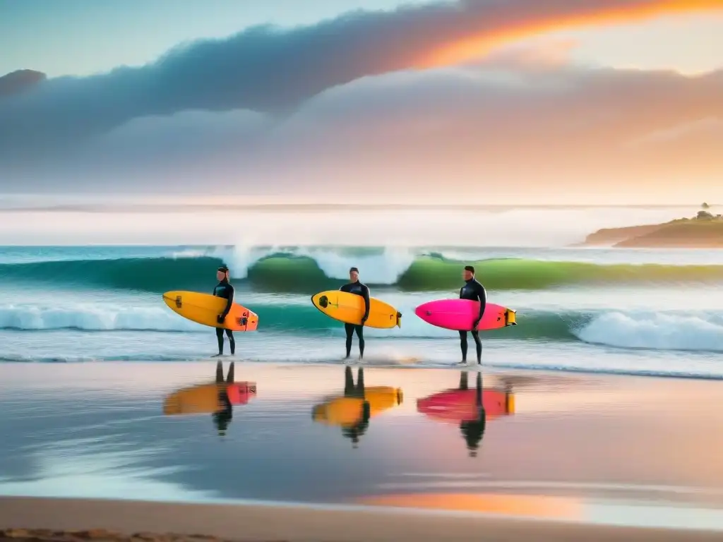 Surfistas con trajes sostenibles en playa de Uruguay al atardecer Un grupo de surfistas llevando sus tablas en una playa de Uruguay al atardecer, destacando los deportes acuáticos sostenibles en Uruguay