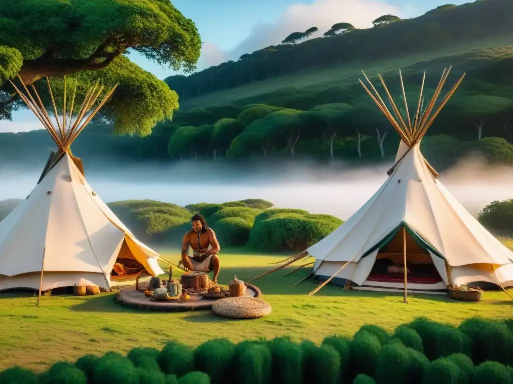 Campamento ancestral de indígenas Charrúas en Uruguay Grupo de indígenas Charrúas montando tiendas tradicionales en un campamento en Uruguay