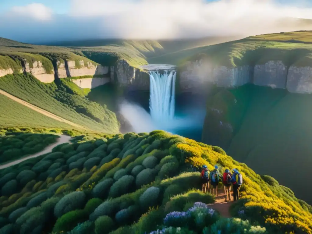 Exploradores en el acantilado de Uruguay: aventura en la naturaleza Grupo de turistas aventureros en Uruguay, en un acantilado con vista a un valle verde