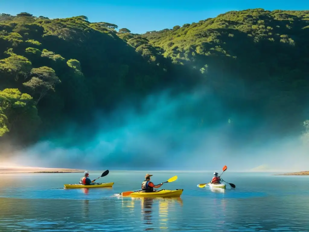 Kayak en Laguna Garzón: Aventura entre naturaleza en Uruguay Grupo de turistas aventureros remando en kayaks por Laguna Garzón en Uruguay