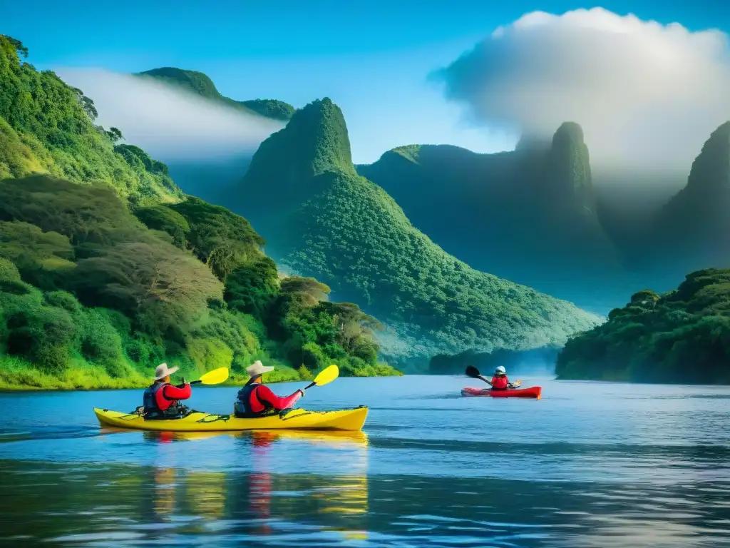 Excursión en kayak por el río Negro: aventura y naturaleza en Uruguay Grupo de turistas aventureros en kayak por el Río Negro en Uruguay, rodeados de naturaleza exuberante y cielos azules