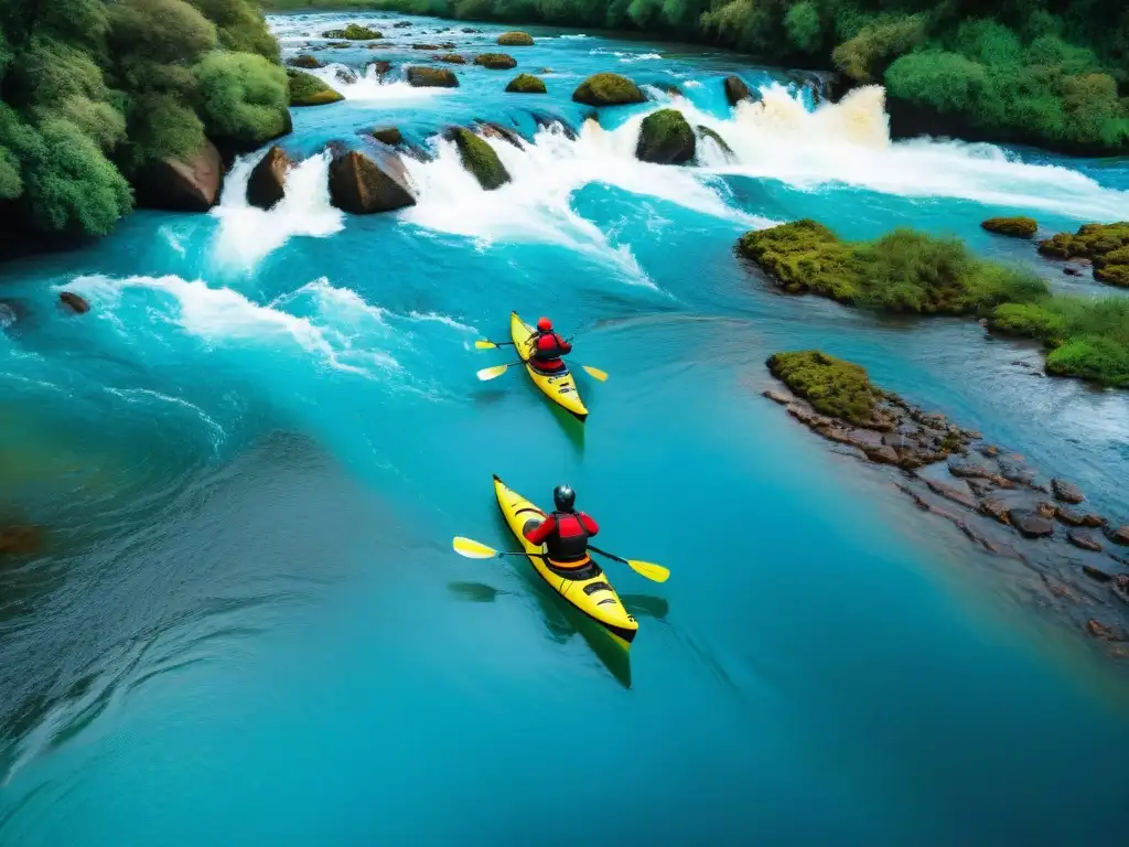 Emoción en el río Arapey: Kayak en Uruguay Grupo de turistas emocionados haciendo kayak en el río Arapey en Uruguay