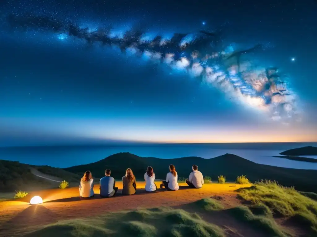 Turistas admirando la Vía Láctea en Uruguay Grupo de turistas entusiastas observando el cielo estrellado en Uruguay