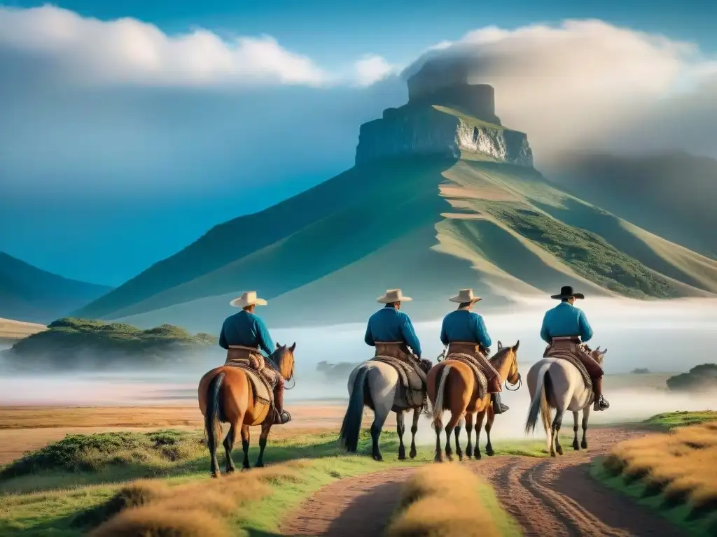 Gauchos uruguayos en las Pampas: tradición y aventura Un grupo de gauchos uruguayos en la región de las Pampas, mostrando la esencia de Uruguay y su conexión con la tierra