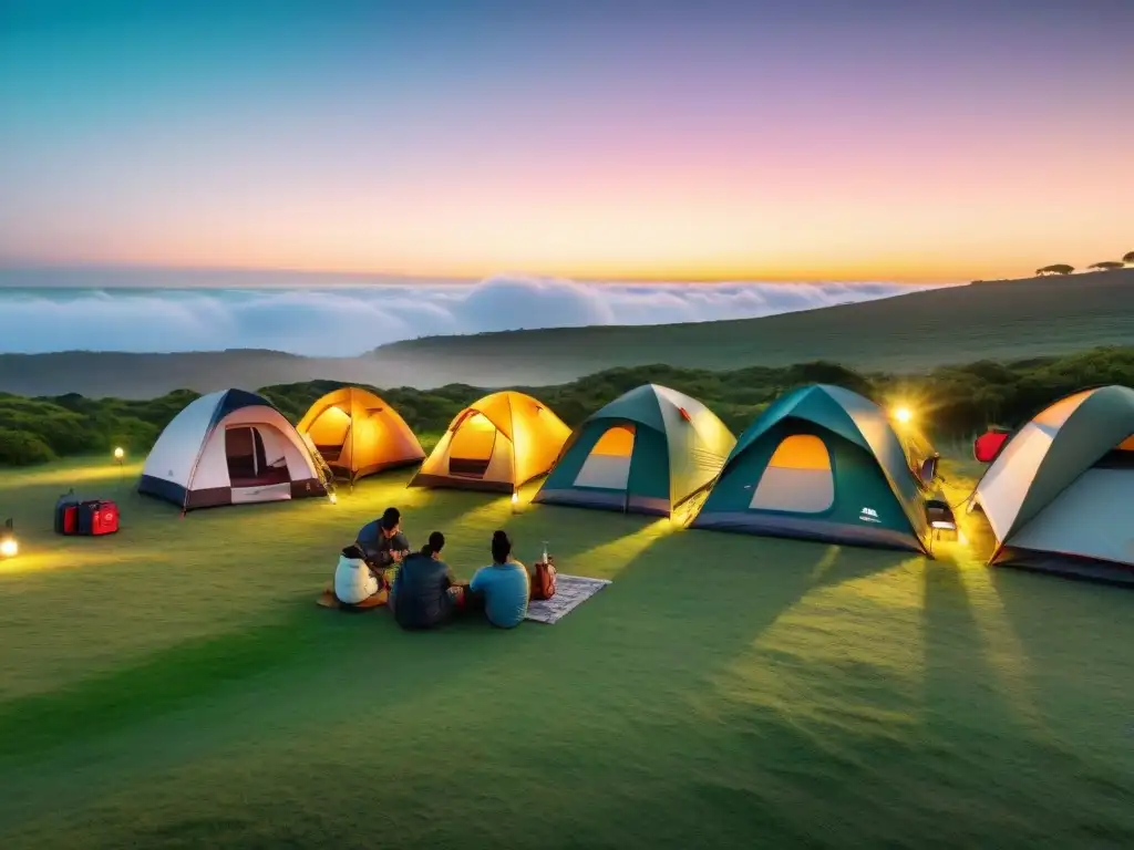 Campamento tecnológico en Uruguay: diversidad y naturaleza Grupo variado de campistas en Uruguay usando aplicaciones móviles de supervivencia en un escenario natural al atardecer