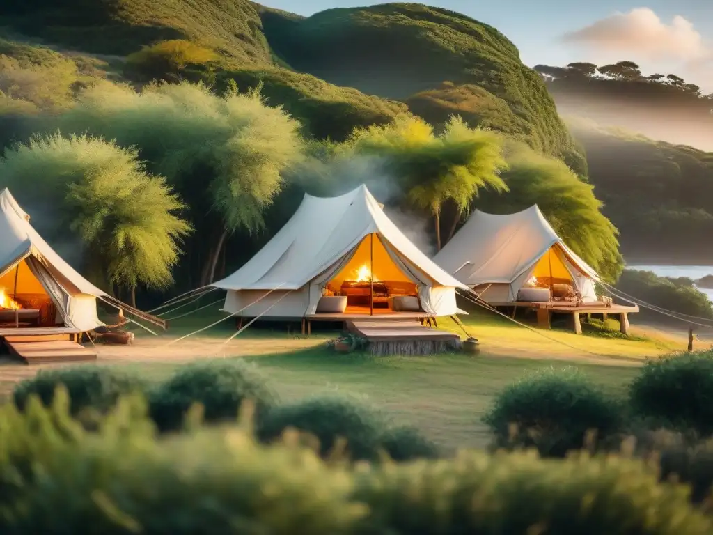 Glamping de lujo en Uruguay: diversión y naturaleza Un grupo variado de campistas disfruta de un lujoso glamping en Uruguay, rodeado de vegetación exuberante y comodidades de alta gama
