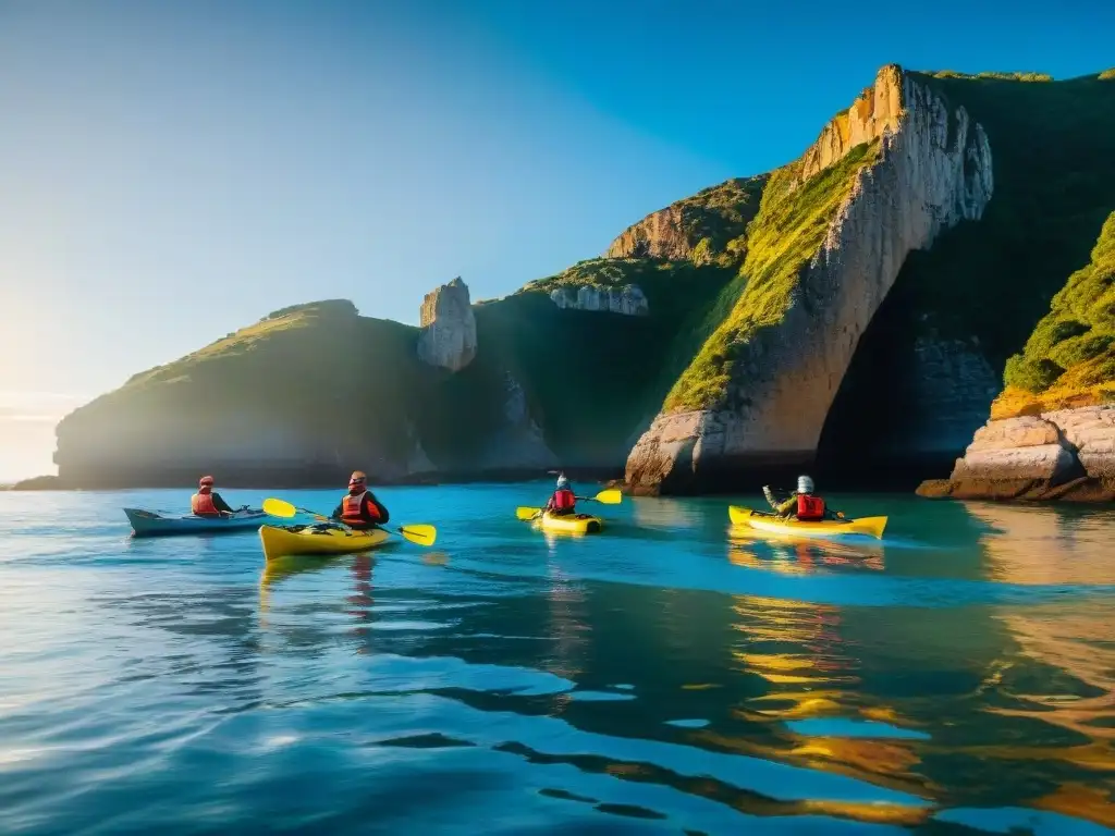 Emoción y aventura: Kayak en la costa de Uruguay Grupo de viajeros aventureros remando en kayaks por la costa de Uruguay