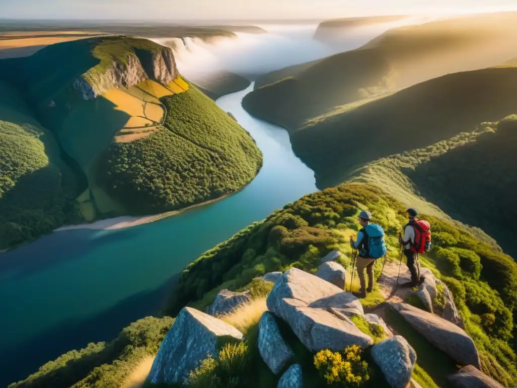 Exploradores extasiados en acantilado al atardecer en Uruguay Grupo de viajeros en el borde de un acantilado, admirando un paisaje impresionante al atardecer en Uruguay