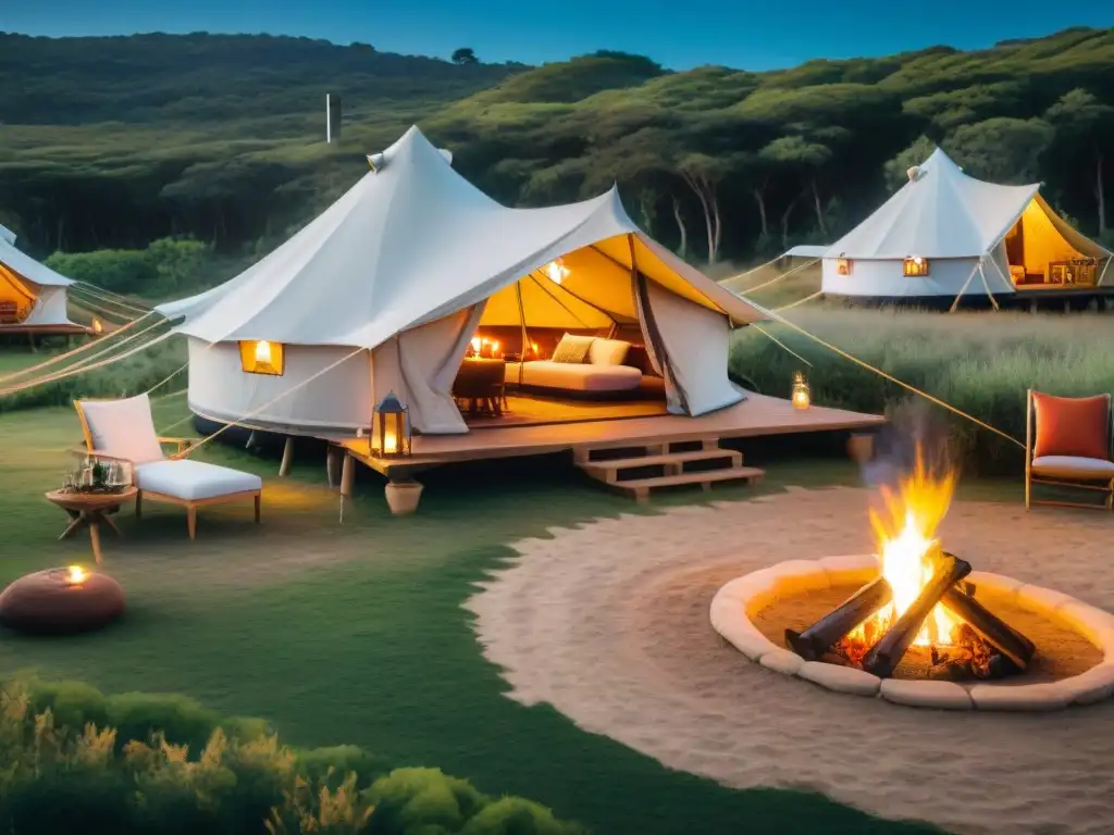 Glamping de lujo en Uruguay: conexión comunitaria bajo las estrellas Un grupo de viajeros diversos disfruta de un glamping económico en Uruguay, compartiendo risas alrededor de la fogata en el bosque