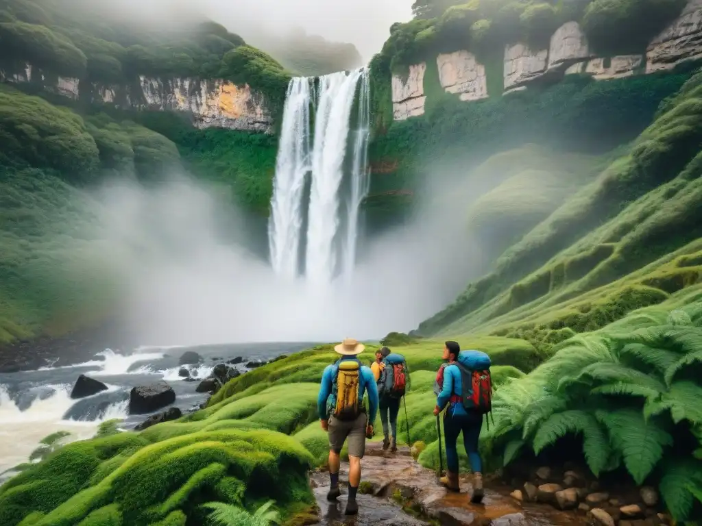 Exploradores en la naturaleza de Uruguay: diversidad y aventura en cascada Un grupo de viajeros diverso, con equipo de senderismo, explorando la exuberante naturaleza de Uruguay