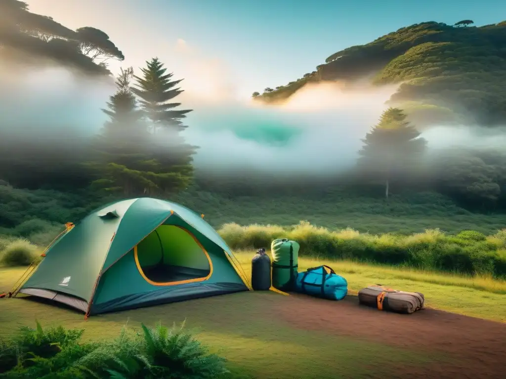 Camping económico en Uruguay: diversión y camaradería en el bosque Un grupo de viajeros diversos montando un campamento económico en un bosque de Uruguay