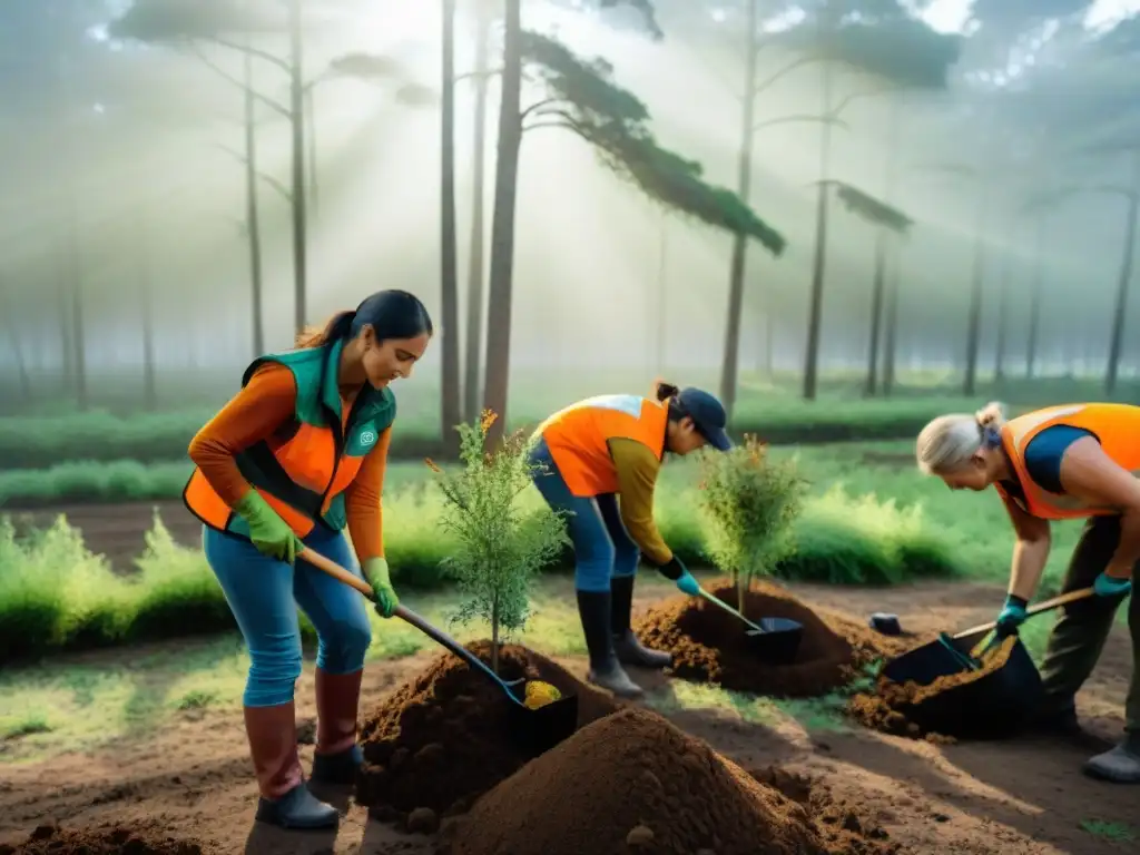 Voluntarios plantan árboles nativos en bosque de Uruguay Un grupo de voluntarios plantando árboles nativos en un frondoso bosque verde en Uruguay