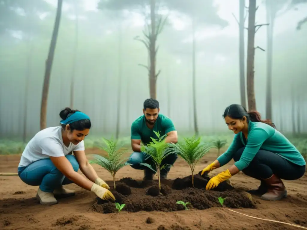 Voluntarios plantando árboles nativos en Uruguay Grupo de voluntarios plantando árboles nativos en un bosque verde en Uruguay