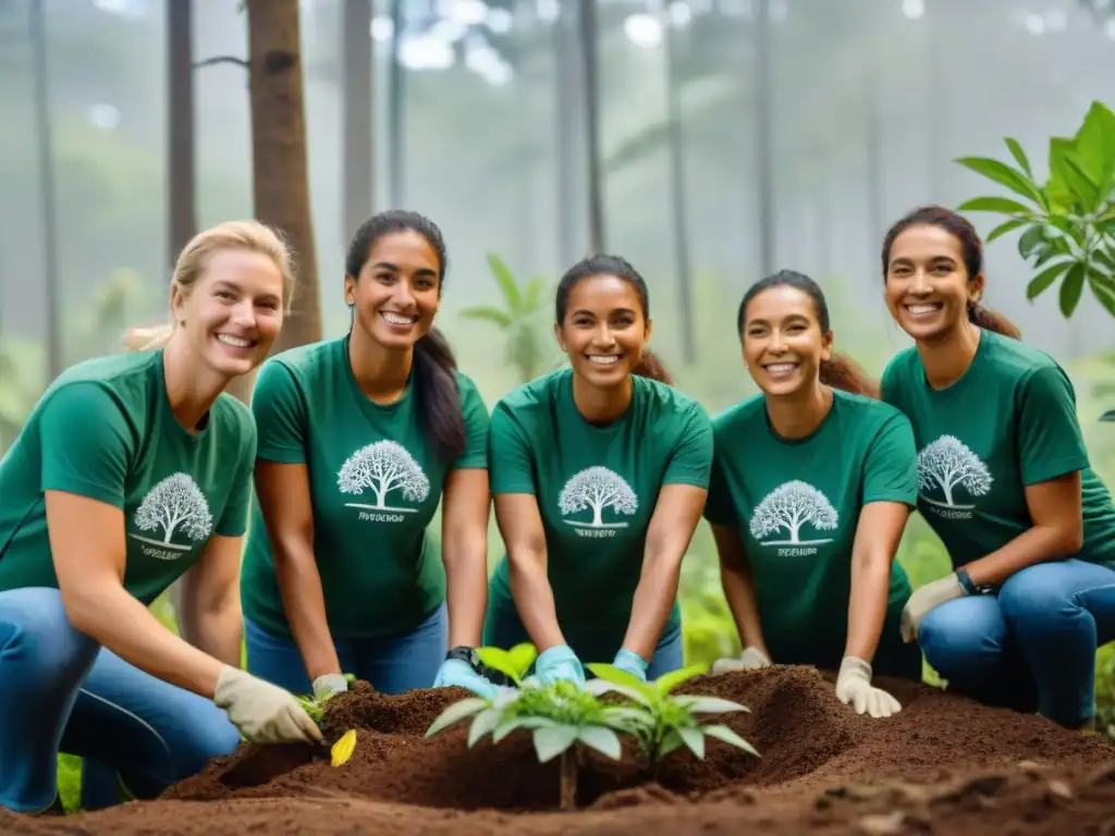 Voluntarios en Uruguay plantan árboles en bosque verde Grupo de voluntarios en Uruguay plantando árboles nativos, promoviendo la protección de la naturaleza
