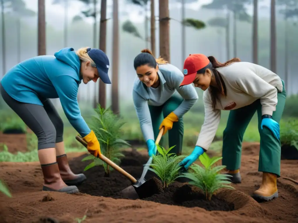 Reforestación en Uruguay: Voluntarios plantan árboles nativos Grupo de voluntarios reforestando bosque en Uruguay, destacando el camping consciente