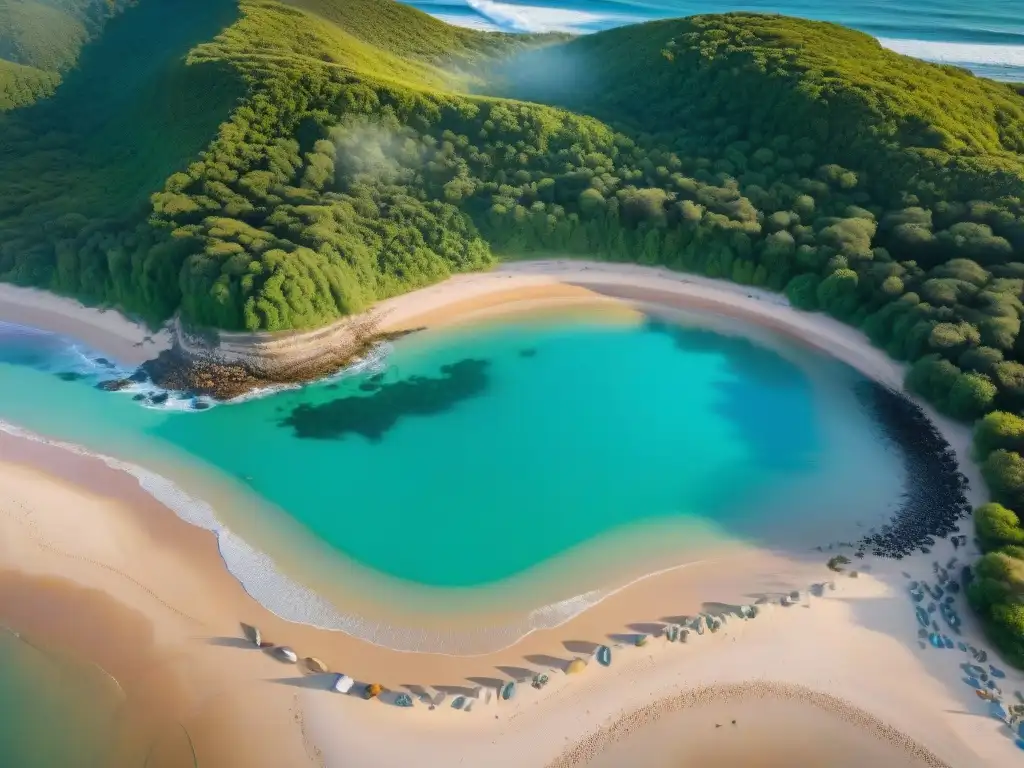Voluntarios limpiando la playa al atardecer en Uruguay Un grupo de voluntarios diversos limpia una playa al atardecer en Uruguay