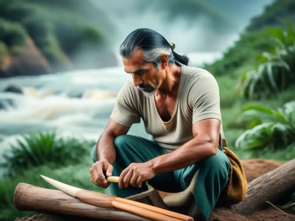 Bushcrafter uruguayo creando herramienta tradicional en la naturaleza Un hábil artesano de Bushcraft en Uruguay creando una herramienta tradicional con materiales naturales