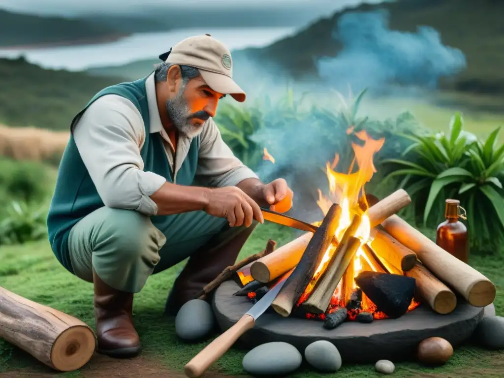 Artesano de la naturaleza prepara cocina primitiva en Uruguay Un hábil bushcrafter en Uruguay prepara un campamento cocina tradicional rodeado de exuberante vegetación