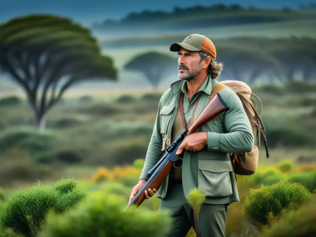 Maestría en caza sostenible en Uruguay: armonía con la naturaleza Un hábil cazador en la naturaleza de Uruguay, usando técnicas tradicionales y sostenibles
