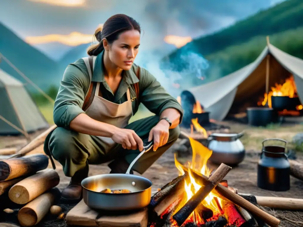 Maestro survivalista cocina gourmet sin utensilios modernos Un hábil experto en supervivencia cocinando alimentos sin utensilios en camping, con expresión enfocada ante fogata en la naturaleza