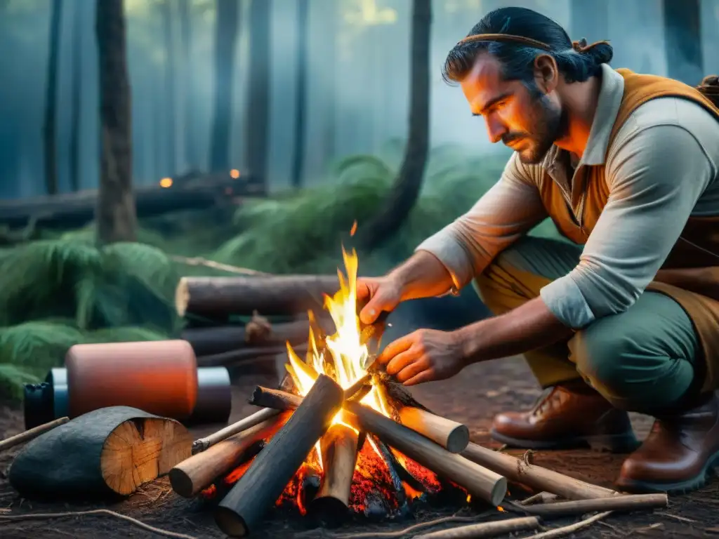 Maestro de supervivencia: encendiendo fuego en la naturaleza de Uruguay Un hábil hombre en Uruguay demuestra Técnicas de Bushcraft, encendiendo fuego en la naturaleza