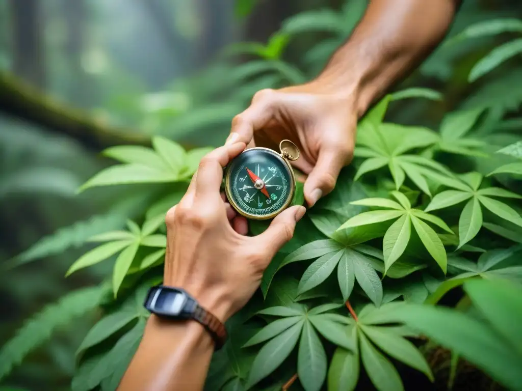Experto navegante usando brújula en la jungla uruguaya Un hábil navegante utiliza una brújula en la exuberante selva uruguaya, demostrando técnicas de orientación en selva