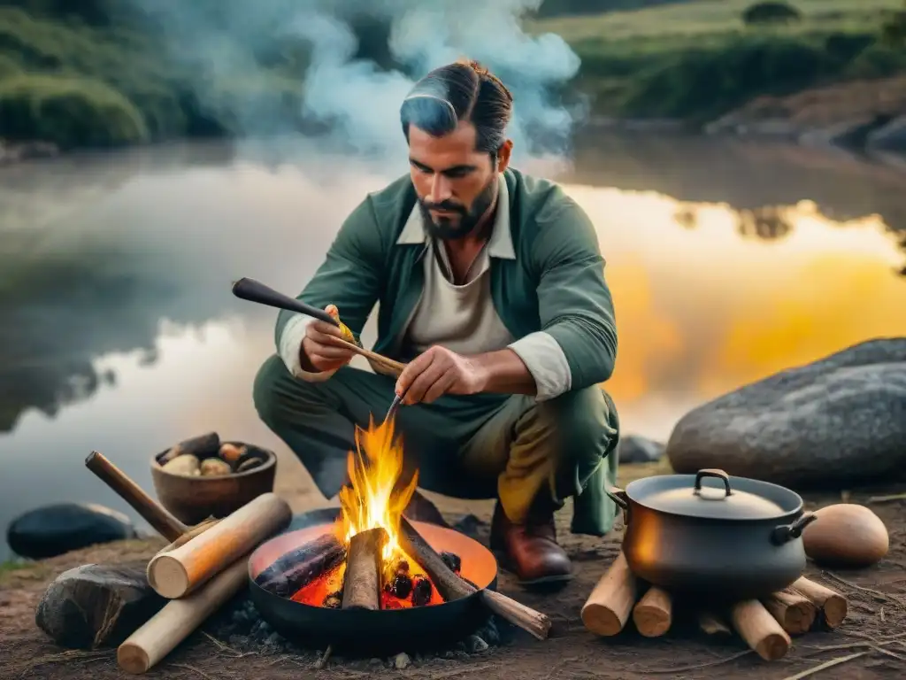 Chef de bushcraft en Uruguay prepara manjar al fuego Un hábil bushcrafter en Uruguay prepara una receta bushcraft camping