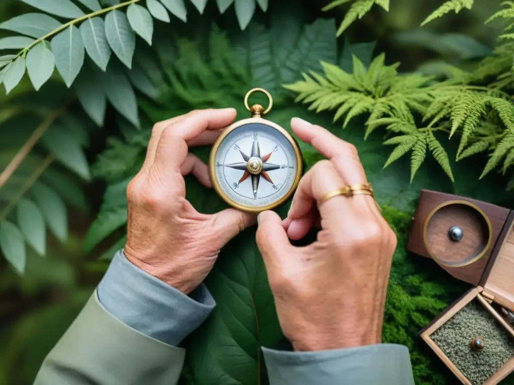 Maestro de la brújula: experto en la naturaleza uruguaya Las hábiles manos de un guía en Uruguay crean una brújula con elementos naturales, mostrando técnicas ancestrales de orientación camping