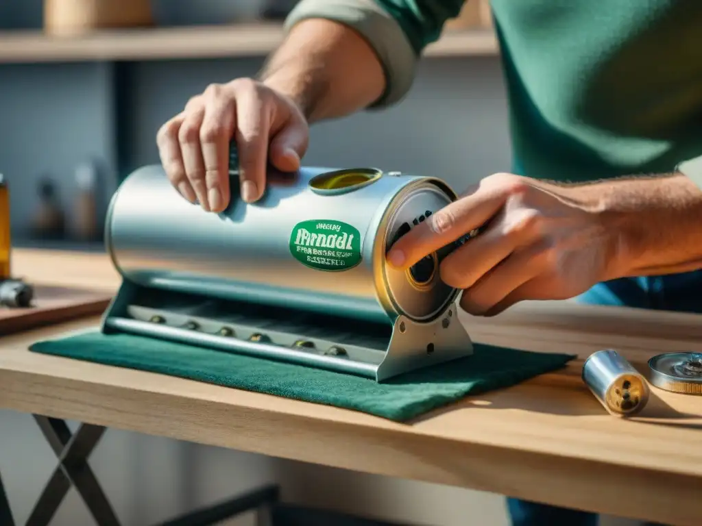 Artesanía: Creación de calentador portátil con lata de aluminio reciclada Hábiles manos crean con precisión un calentador portátil casero con una lata reciclada, sobre un banco de trabajo ordenado