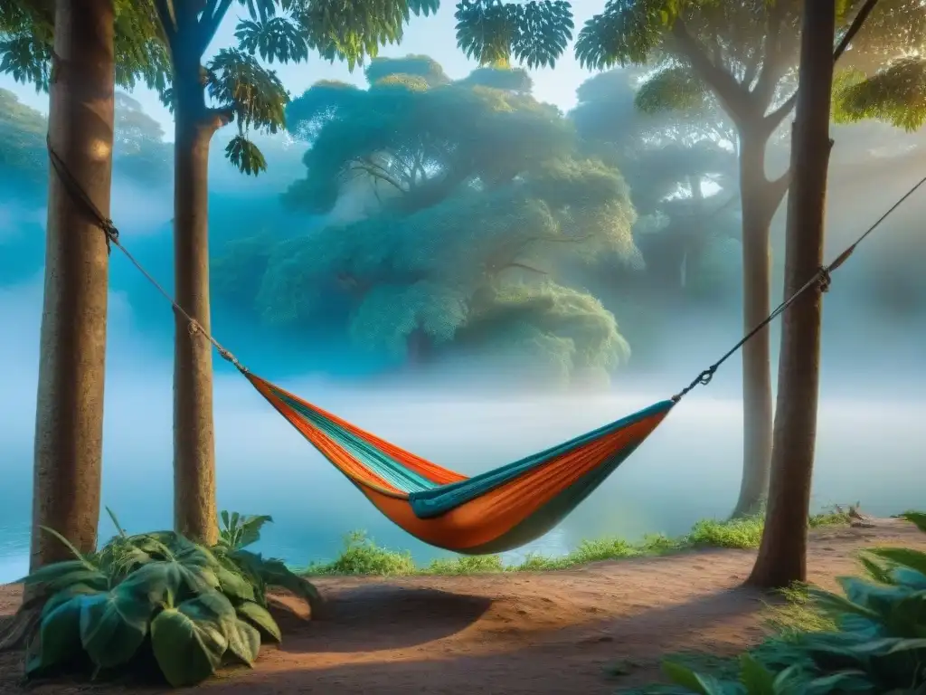 Hamaca ecológica en camping sereno en Uruguay Una hamaca reciclada cuelga entre árboles en un campamento sereno de Uruguay, resaltando la sostenibilidad del lugar