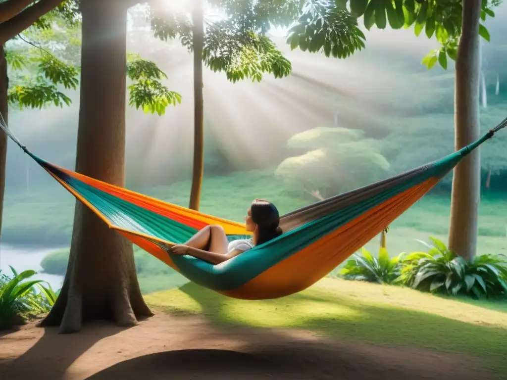 Hamacas ecológicas: descanso sostenible en la naturaleza Hamaca reciclada en un camping en Uruguay: comodidad y sostenibilidad entre árboles verdes