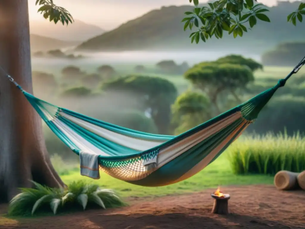 Hamacas recicladas: artesanía sostenible en Uruguay Hamaca reciclada en camping Uruguay: detalle tejido artesanal entre vegetación exuberante y fogata al atardecer