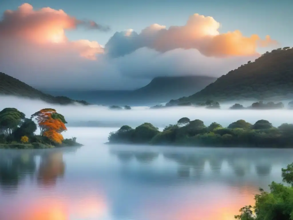 Atardecer de ensueño en lago uruguayo: naturaleza en armonía Un hermoso atardecer sobre un lago en Uruguay, con tonos vibrantes de naranja y rosa reflejándose en el agua serena, rodeado de exuberante vegetación y diversa vida silvestre como aves y ciervos coexistiendo pacíficamente en su hábitat natural