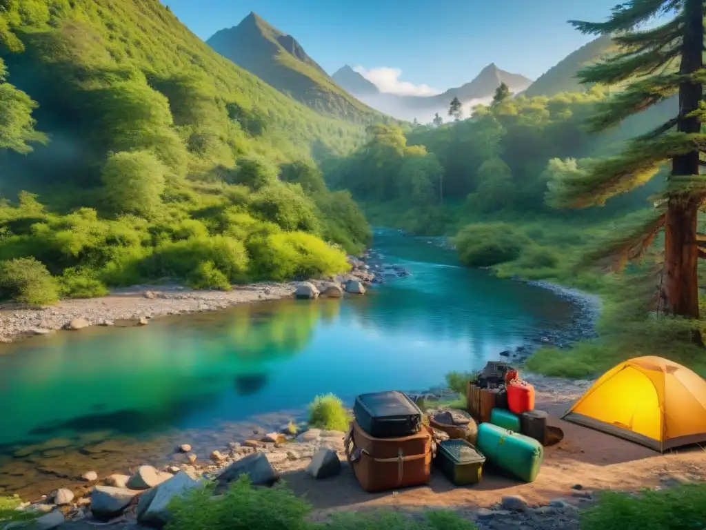 Contraste en la naturaleza: campamento perfecto vs Un hermoso campamento en la naturaleza contrastado por basura, resaltando la importancia de la limpieza en los sitios de camping