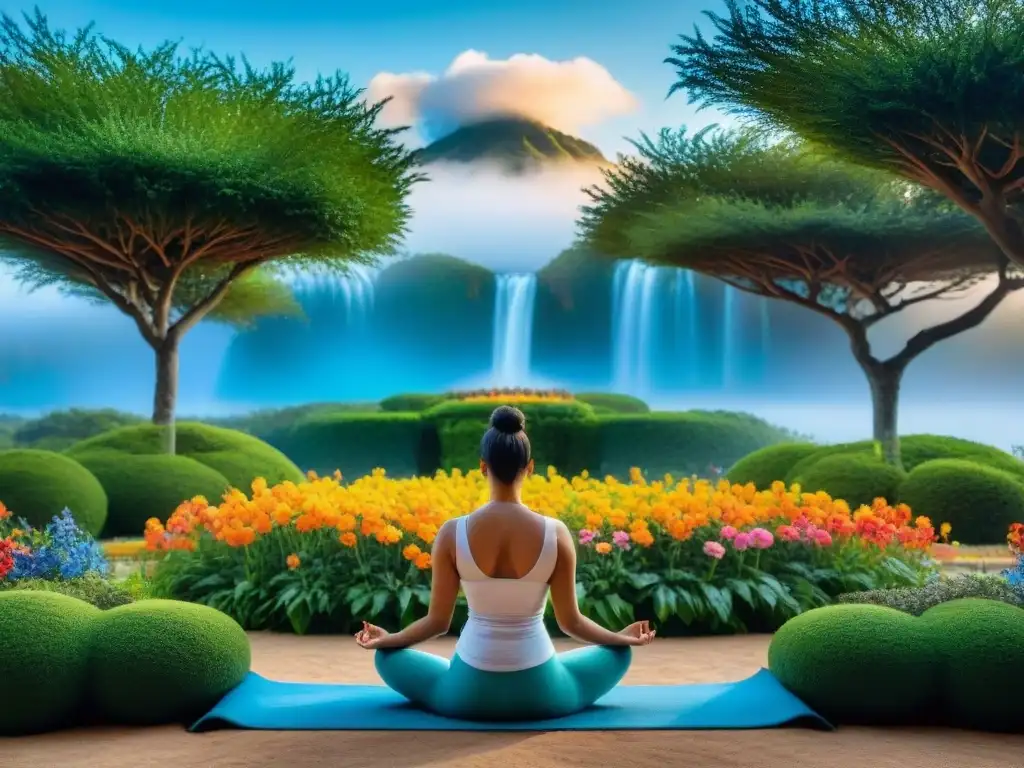 Jardín de meditación en Uruguay: paz y conexión espiritual Un hermoso jardín de meditación en Uruguay con flores coloridas, fuentes de agua y practicantes de yoga bajo un cielo azul