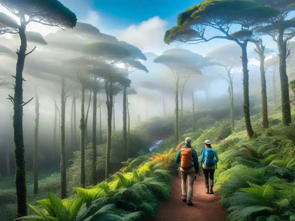 Exploración aviar en bosques de Uruguay Hermoso senderismo en Uruguay: observación de aves en la exuberante naturaleza con hikers y aves coloridas