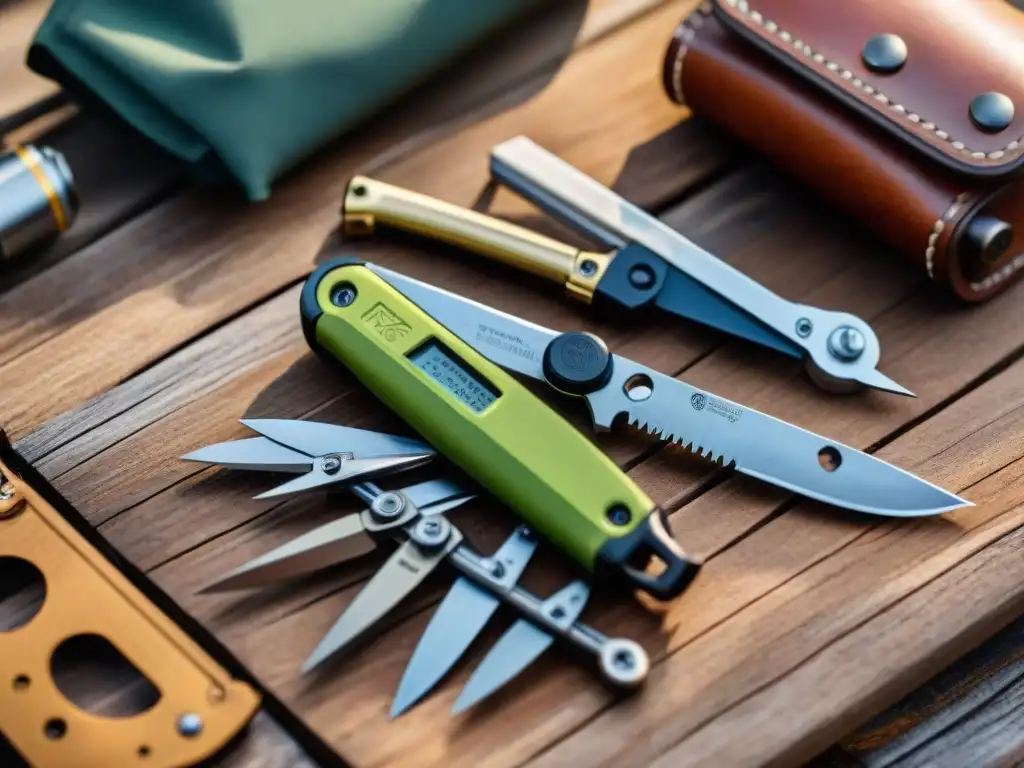 Herramienta de camping multifuncional: detalles impresionantes Una herramienta multiusos de camping detallada sobre madera rústica, mostrando sus funciones en Uruguay